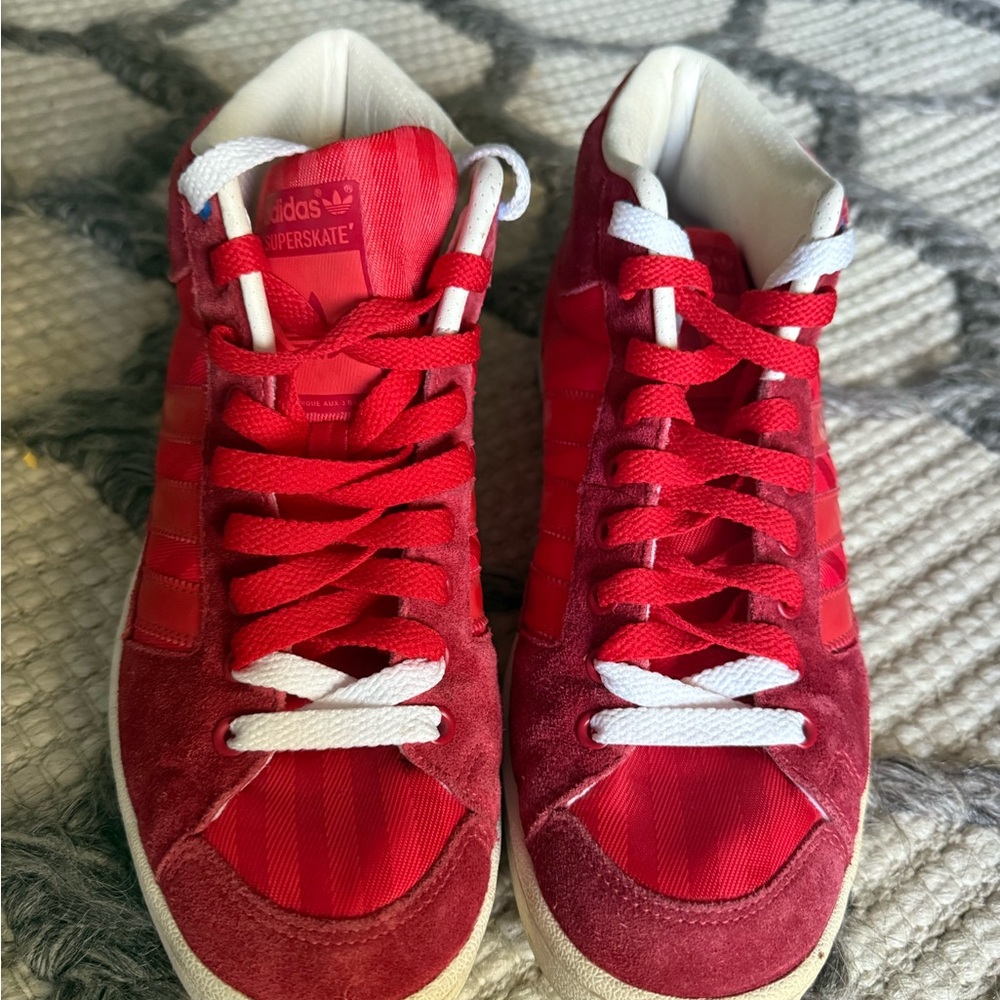 Adidas Red and White High-Top Sneakers